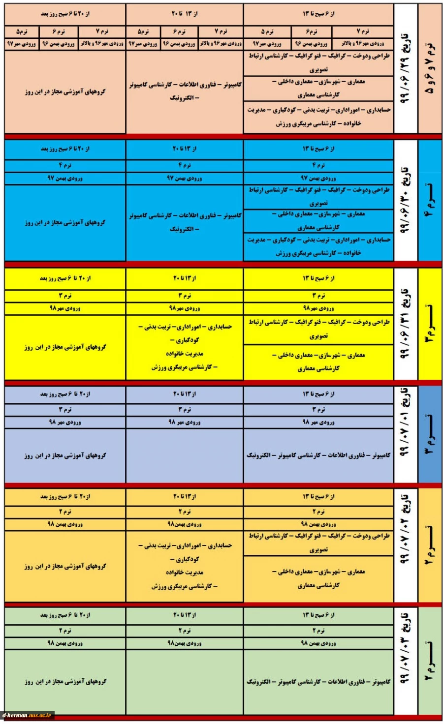 جدول زمان بندی حذف واضافه 991 2