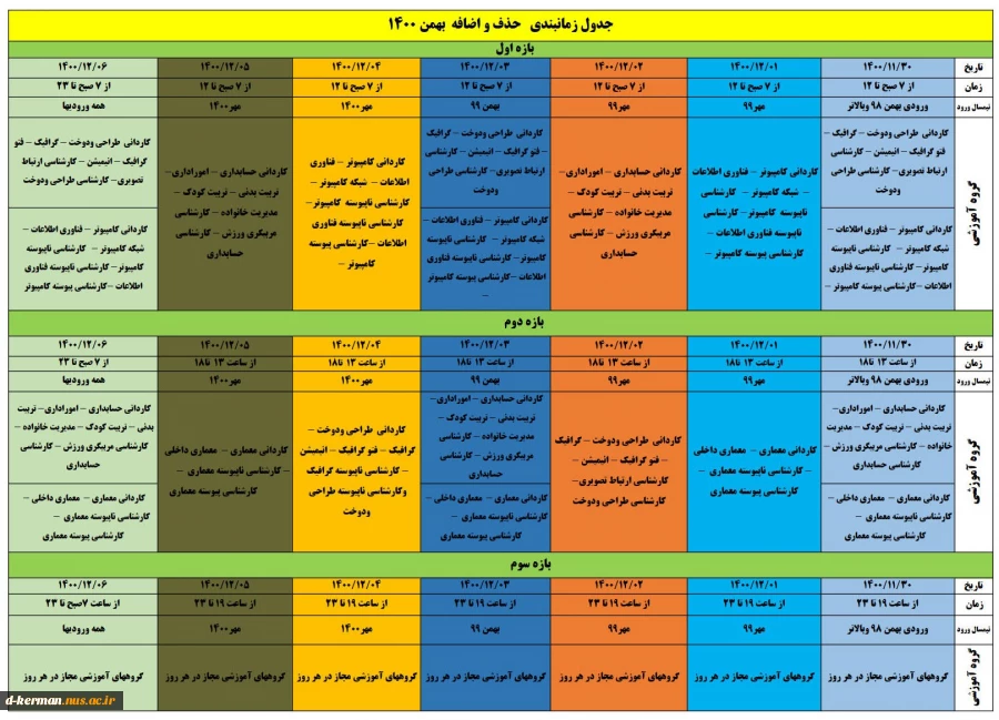 جدول زمانبندی  حذف و اضافه  بهمن 1400 2