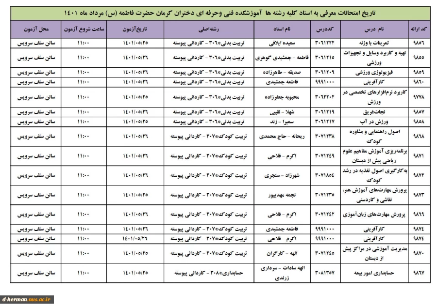 اطلاعیه مهم معرفی به استاد ( تاریخ امتحانات معرفی به استاد کلیه رشته ها  آموزشکده فنی وحرفه ای دختران کرمان حضرت فاطمه (س) مرداد ماه 1401) 2