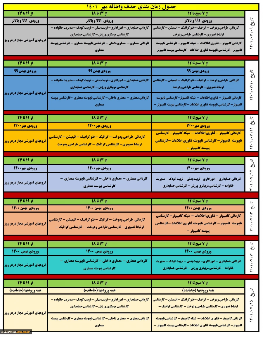 برنامه زمانبندی حذف و اضافه مهر 1401 3