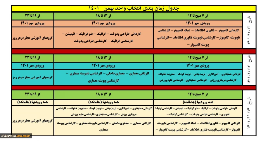 جدول زمانبندی انتخاب واحد بهمن 1401 2