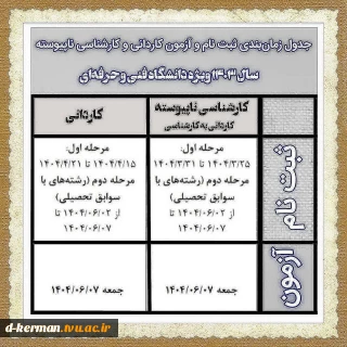 جدول زمان‌بندی ثبت نام و شرکت در آزمون مقاطع کاردانی و کارشناسی ناپیوسته (کاردانی به کارشناسی) ویژه متقاضیان تحصیل در دانشگاه فنی و حرفه‌ای