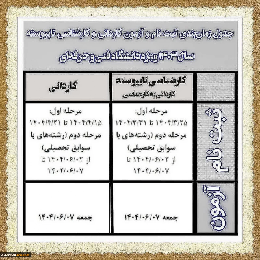 جدول زمان‌بندی ثبت نام و شرکت در آزمون مقاطع کاردانی و کارشناسی ناپیوسته (کاردانی به کارشناسی) ویژه متقاضیان تحصیل در دانشگاه فنی و حرفه‌ای 2