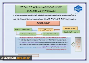 اطلاعیه ثبت نام وام دانشجویی در نیمسال اول 1403 ( مهر1403) از تاریخ 1403/8/1 لغایت 1403/08/28 
  2